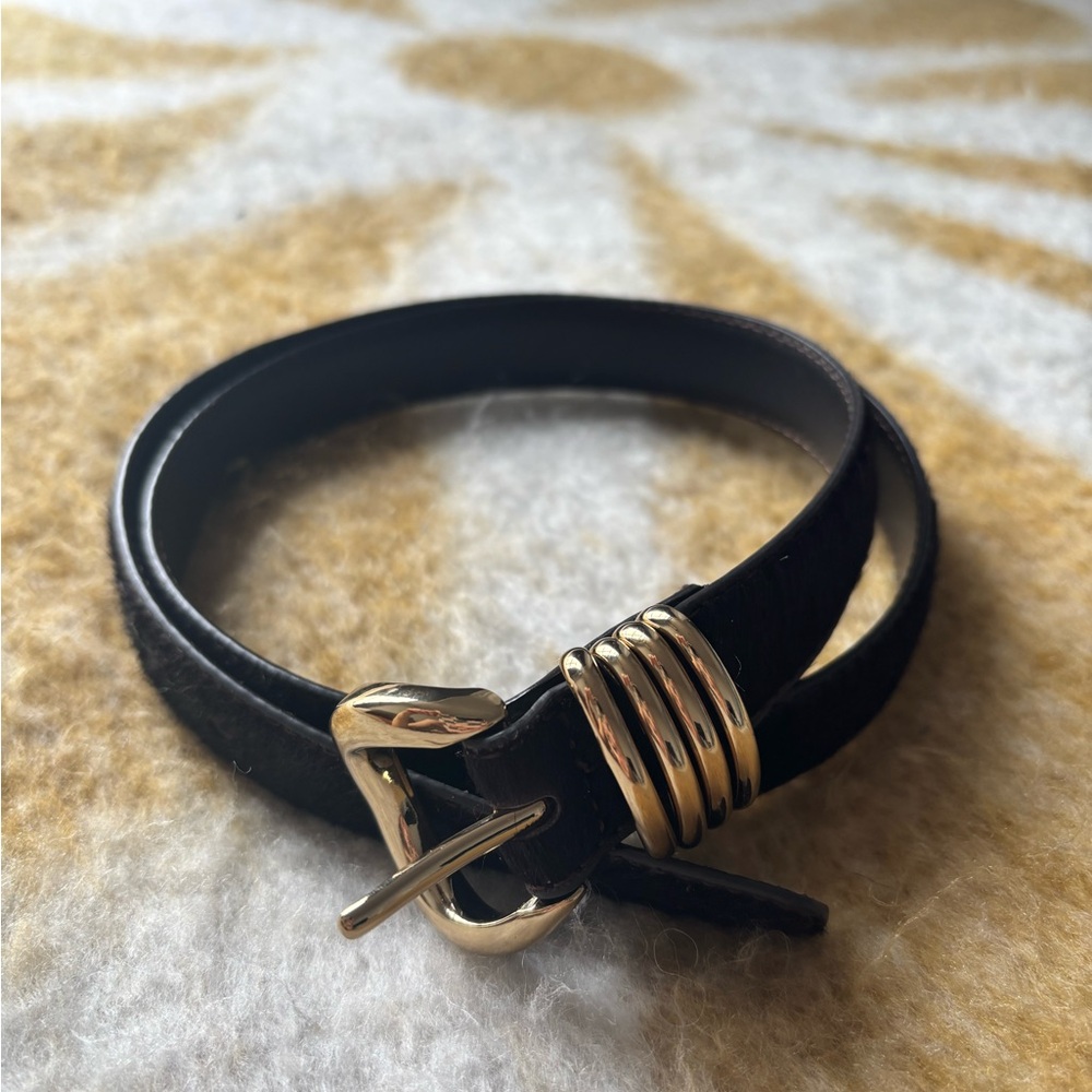 Madewell Dark brown pony hair Belt with Gold Buckle
